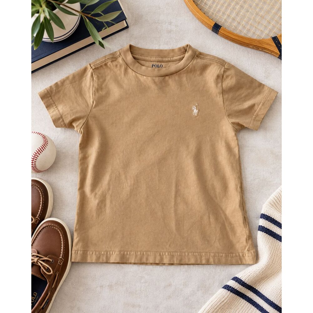 Polo Ralph Lauren T Shirt Boys Size 4 Tan Khaki Pony Logo Cotton Crewneck Preppy